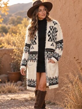 My Michelle Fuzzy Southwestern Aztec Long Cardigan Duster Size M